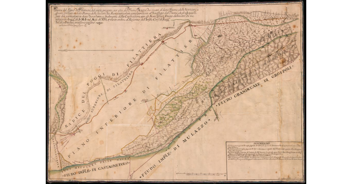 Pianta del Piano di Filattiera, del corso presente per esso, del Fiume Magra, dei ripari al detto Fiume; delle Vetricjaie, e ghiare esistenti in detto piano; delle facciate dei Beni particolari corrispondenti al devastato dal Fiume; degli Acquisti fatti dai particolari in detto devastato; e finalmente della confinazione con gli Stati Esteri [...]