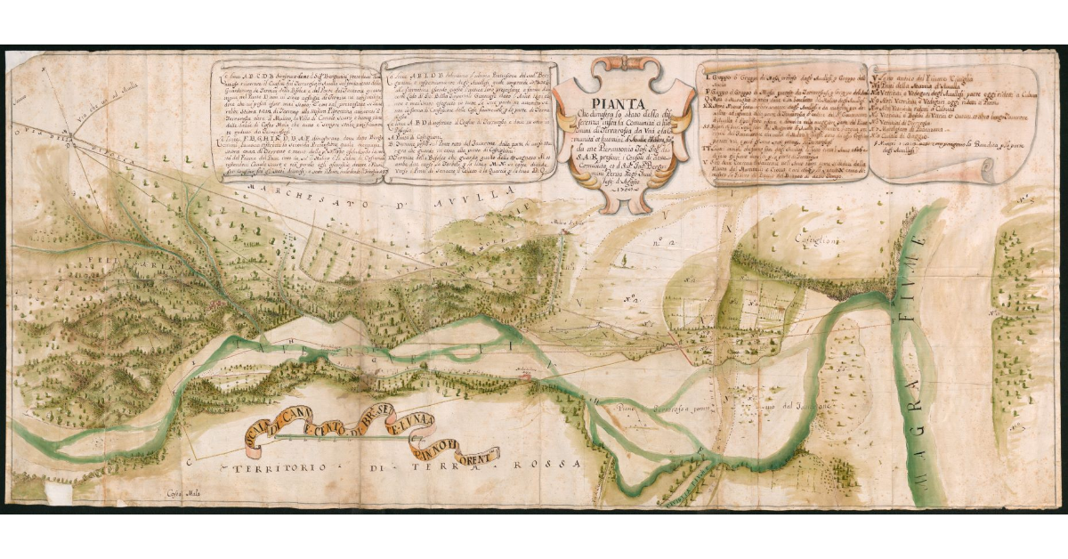 Pianta che dimostra lo stato della differenza infra la Comunità et huomini di Terrarossa da una e la Comunità et huomini d’Aulla dall’altra fatta da me Pierantonio Tosi Ing.re di S.A.R. presenti i Consoli di detta Comunità, et il Sig. Ing.re Bergamini Perito degl’Auullesi d’Agosto 1708