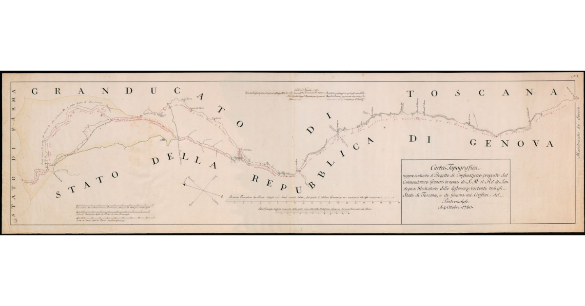 Carta Topografica rappresentante il Progetto di Confinazione proposto dal Commendatore Graneri in nome di S.M. il Re di Sardegna Mediatore delle differenze vertenti tra gli Stati di Toscana, e di Genova nei Confini del Pontremolese