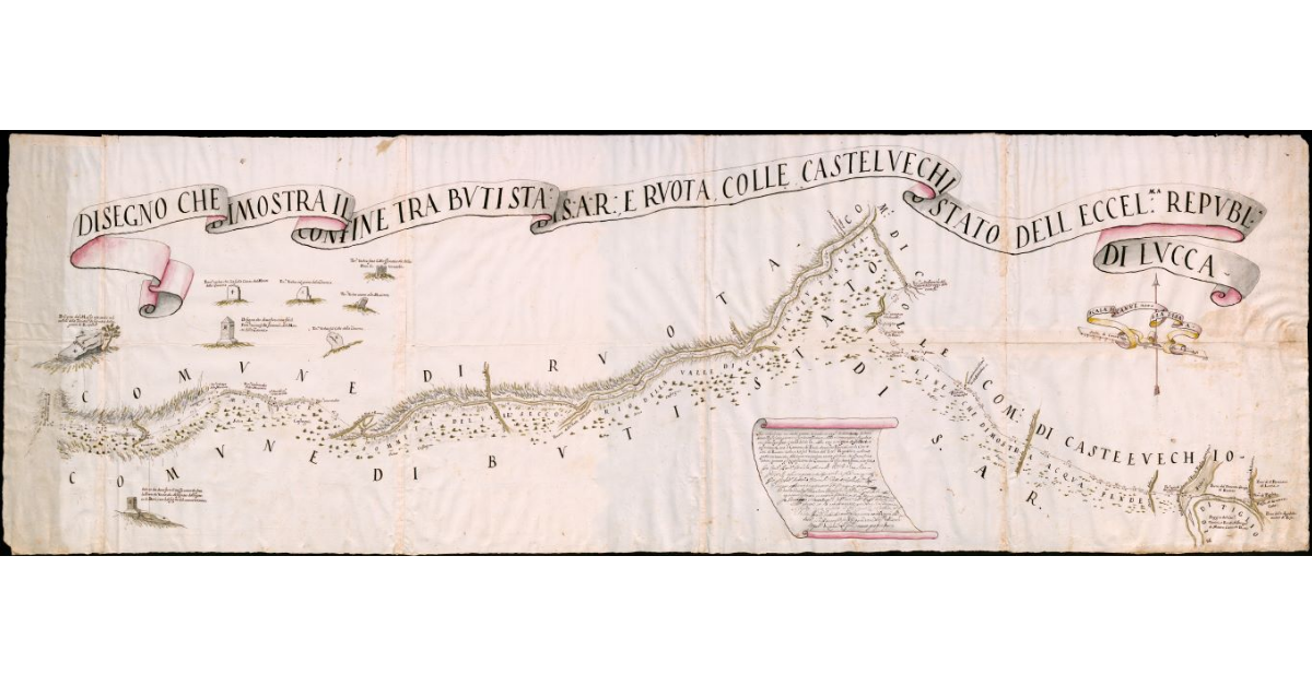 Disegno che dimostra il confine tra Buti Stato di S.A.R., e Ruota, Colle, Castelvecchio Stato dell’Eccel.ma Republ. Di Lucca