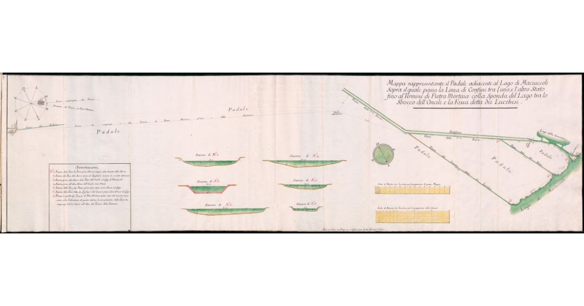 Mappa rappresentante il Padule adiacente al lago di Maciuccoli sopra il quale passa la Linea di Confine tra l'uno, e l'altro Stato fino al Termine di Pietra Mortaia colla Sponda del Lago tra lo sbocco dell'Oncile e la Fossa detta dei Lucchesi