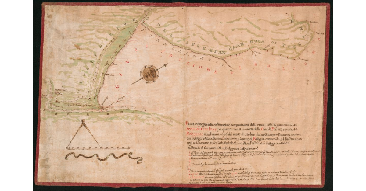 Pianta, e disegno della restaurazione, e apposizione delli termini infra la giurisdizione del Sereniss.mo GranDuca per quanto tiene il territorio della Città di Pistoia e quella del Bolognese fatta l'anno 1696 del mese d'ottobre [...]