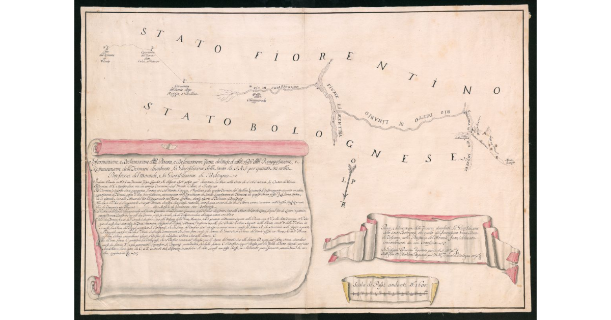 [Pianta e delineazione dei Termini che dividono la giurisdizione dello Stato bolognese, da quello del Serenissimo Gran Duca di Toscana, nella Podesteria del Montale]