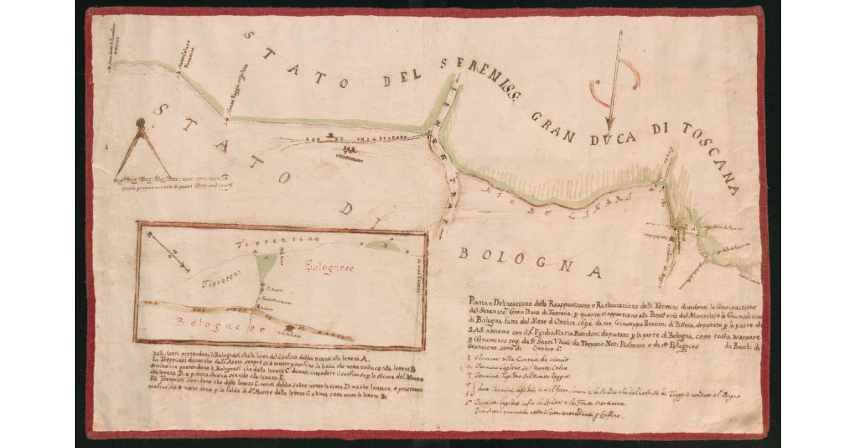 [Pianta e delineazione dei Termini che dividono la giurisdizione dello Stato bolognese, da quello granducale nella Podesteria del Montale]