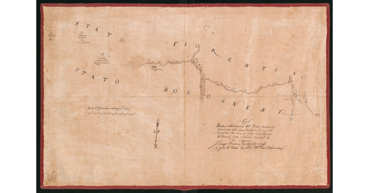 [Pianta e delineazione dei termini che dividono la giurisdizione dello Stato bolognese da quella del Granducato di Toscana nella Podesteria di Montale]