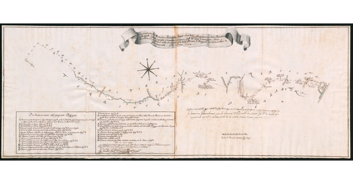 Confinazione fra Medicina, e Fibbialla Stato Lucchese, e Piatrabuona Stato Fiorentino nella quale è stato riposto, e riattato i Termini dall’Ill.mi SSig.ri Commissari, Gori, e Bambacari, a Tenore della Sentenza delli SSig.ri Fioraia, e Altogradi del 1570, et altre, in essa enunciate quest’Anno 1722