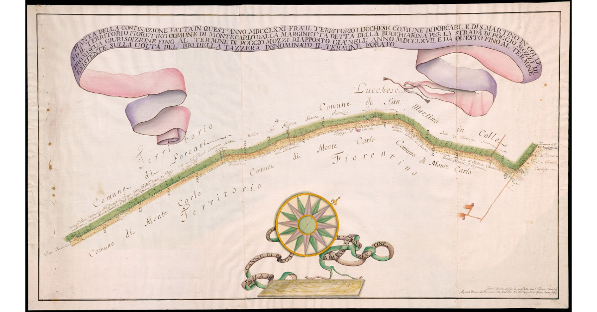 Pianta della confinazione fatta in quest’anno MDCCLXXI fra il territorio Lucchese, comune di Porcari e di S. Martino in Colle ed il Territorio Fiorentino comune di Montecarlo dalla Marginetta detta della Bucchiarina per la strada di poggio Mozzi di promiscua giurisdizione fino al termine di poggio Mozzi riapposto già nell’anno MDCCLXVII, e da questo fino al termine esistente sulla volta del rio della Tazzera denominato il termine forato