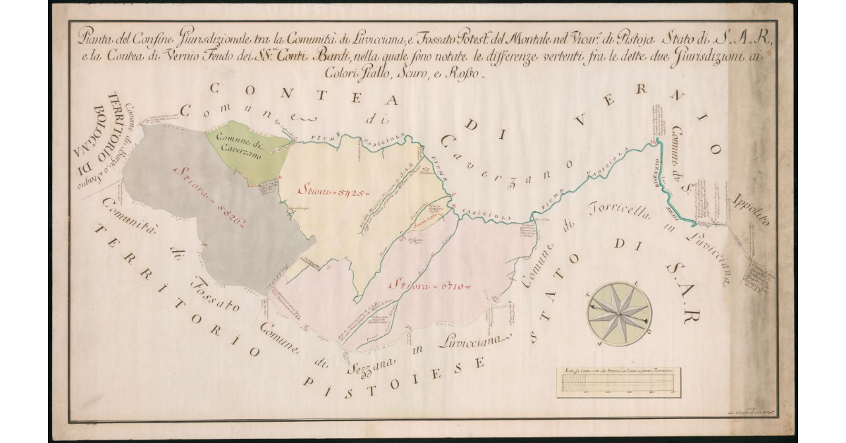 Pianta del confine Giurisdizionale tra le comunità di Luvicciana, e Fossato Potest. del Montale nel Vicar. di Pistoia Stato di S.A.R., e la Contea di Vernio Feudo dei SS.ri Conti Bardi, nella quale sono notate le differenze vertenti fra le dette Giurisdizioni ai Colori Giallo, Scuro, e Rosso