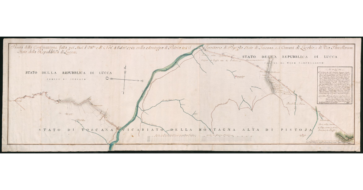 Pianta della confinazione fatta nei Mesi d'Ott.bre e di Nov. dell'An. 1782 nella Montagna di Pistoia tra il Territorio di Popiglio Stato di Toscana, e i Comuni di Lucchio, e di Vico Pancellorum Stato della Repubblica di Lucca