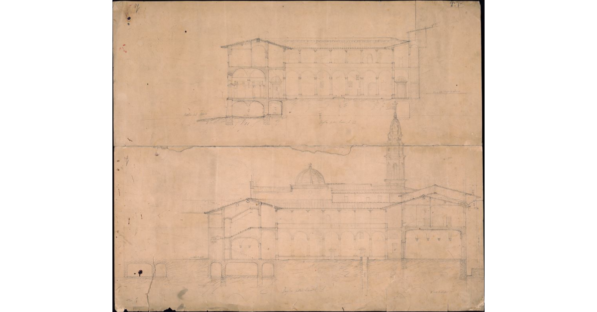 [Disegno a matita, che raffigura due spaccati dell'edificio dell'attuale Istituto Tecnico Michelangelo Buonarroti]