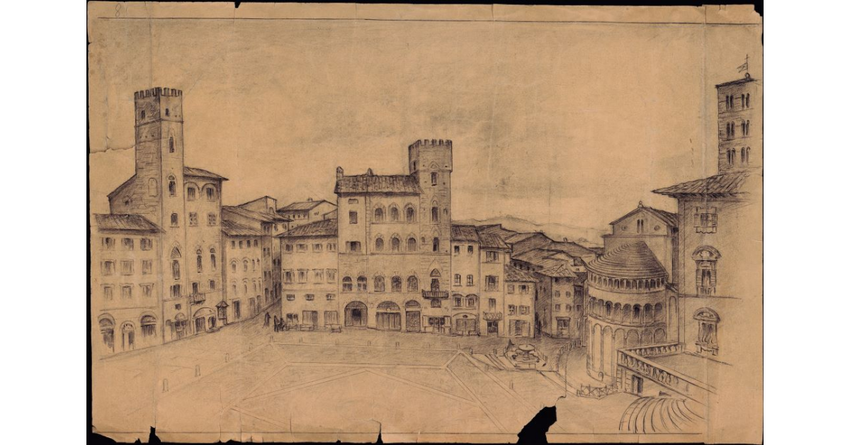 [Disegno a matita, che raffigura il lato verso la Pieve della piazza Vasari di Arezzo]