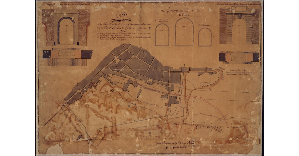 Pianta della Parte di Città di Arezzo, e Campagna adiacente tra la Porta S. Spirito, e la Porta a Colcitrone
