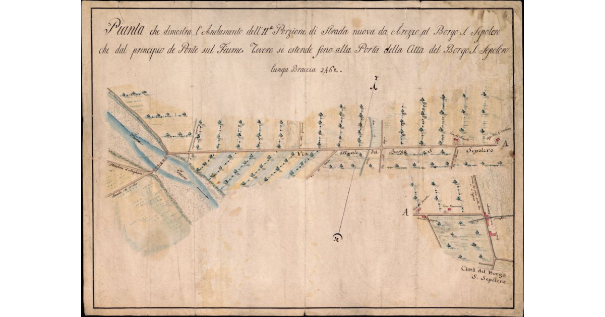 Pianta che dimostra l'Andamento dell'11a Porzione di Strada nuova da Arezzo al Borgo S. Sepolcro che dal principio de Ponte sul Fiume Tevere si estende fino alla Porta della Città del Borgo S. Sepolcro lunga Braccia 3,468