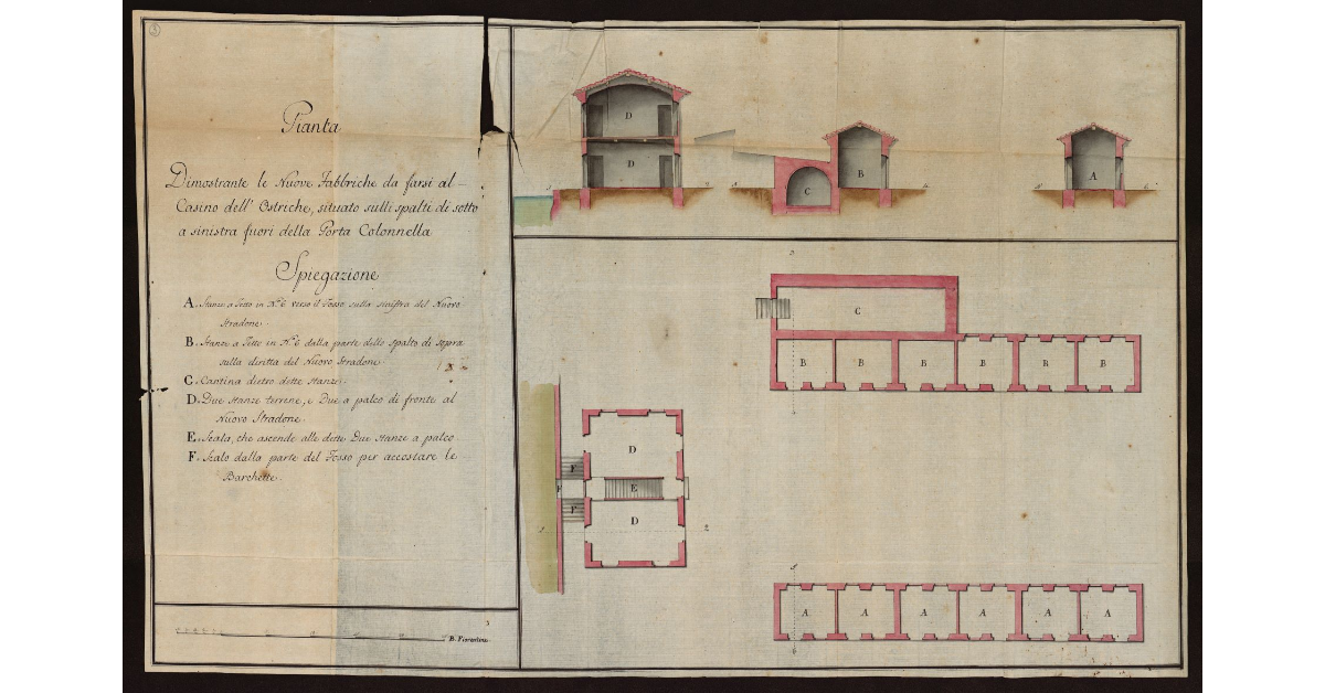 Pianta dimostrante le nuove fabbriche da fasi al Casino dell'Ostriche, situato sulli spalti di sotto a sinistra fuori della Porta Colonnella [a Livorno]