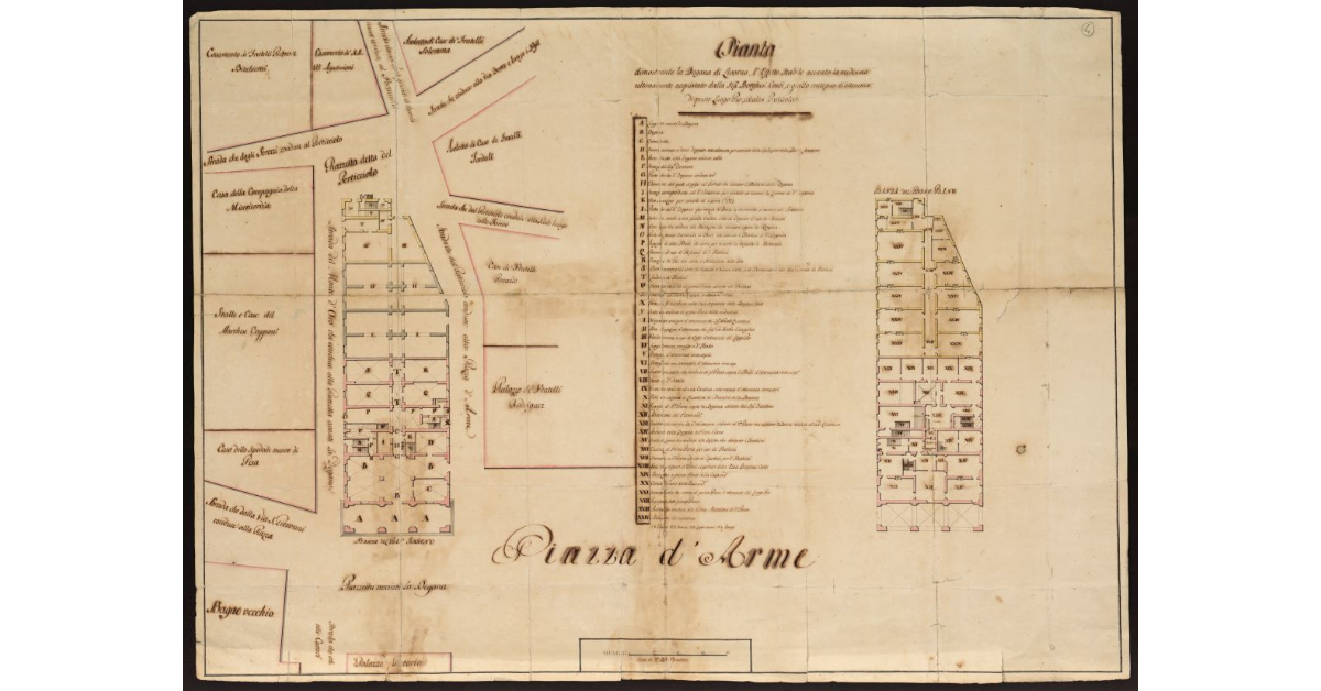 Pianta dimostrante la Dogana di Livorno, l'Effetto Stabile accanto la medesima ultimamente acquistato dalla signora Borghesi Conti, e quello contiguo di attenenza di questo Luogo Pio, e altri particolari