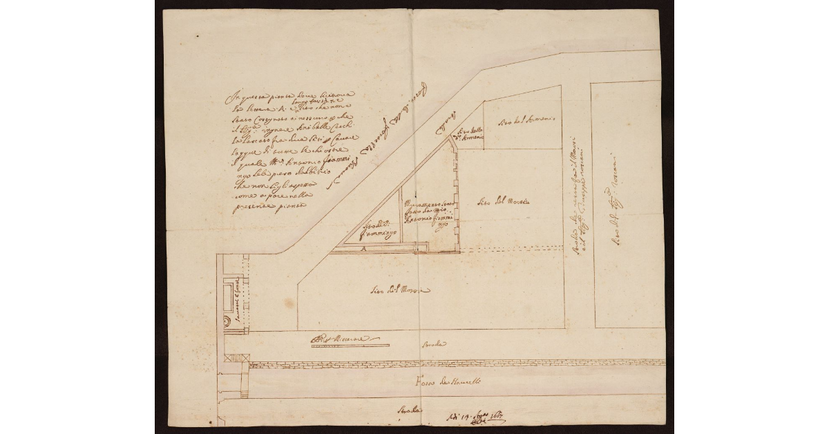 [Pianta di un terreno conteso nel quartiere Venezia in adiacenza al Cimitero Vecchio della Nazione Britannica a Livorno]