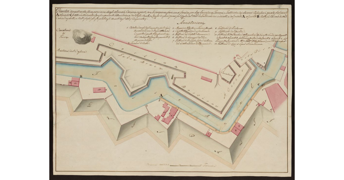 [Pianta della porzione di mura tra il bastione del Casone e quello di San Cosimo e la Porta a Pisa, con progetto di modifiche]