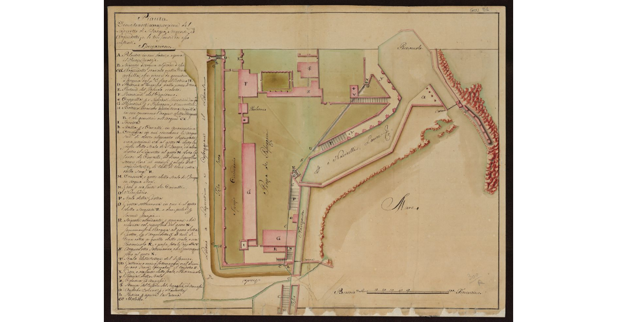 Pianta dimostrante una porzione del lazzeretto di San Jacopo, sorgenti ed acquedotti e le tre fonti in esso esistenti [a Livorno]
