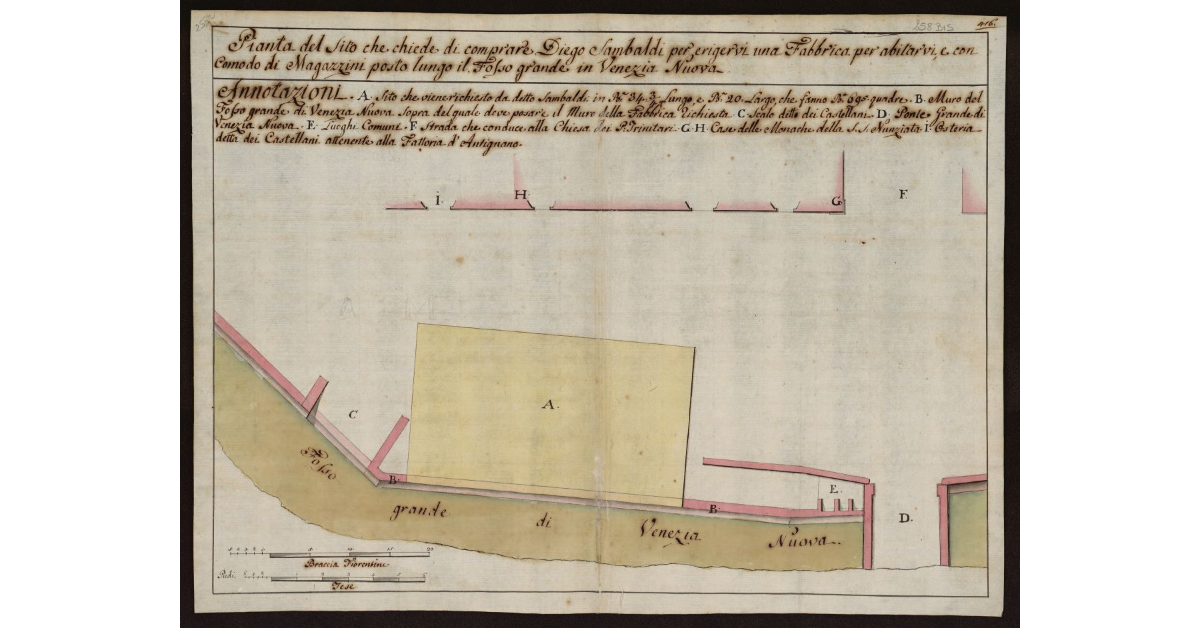 Pianta del sito che chiede di comprare Diego Sambaldi per erigere una fabbrica per abitarvi e con comodo di magazzini posto lungo il fosso grande in Venezia Nuova [a Livorno]