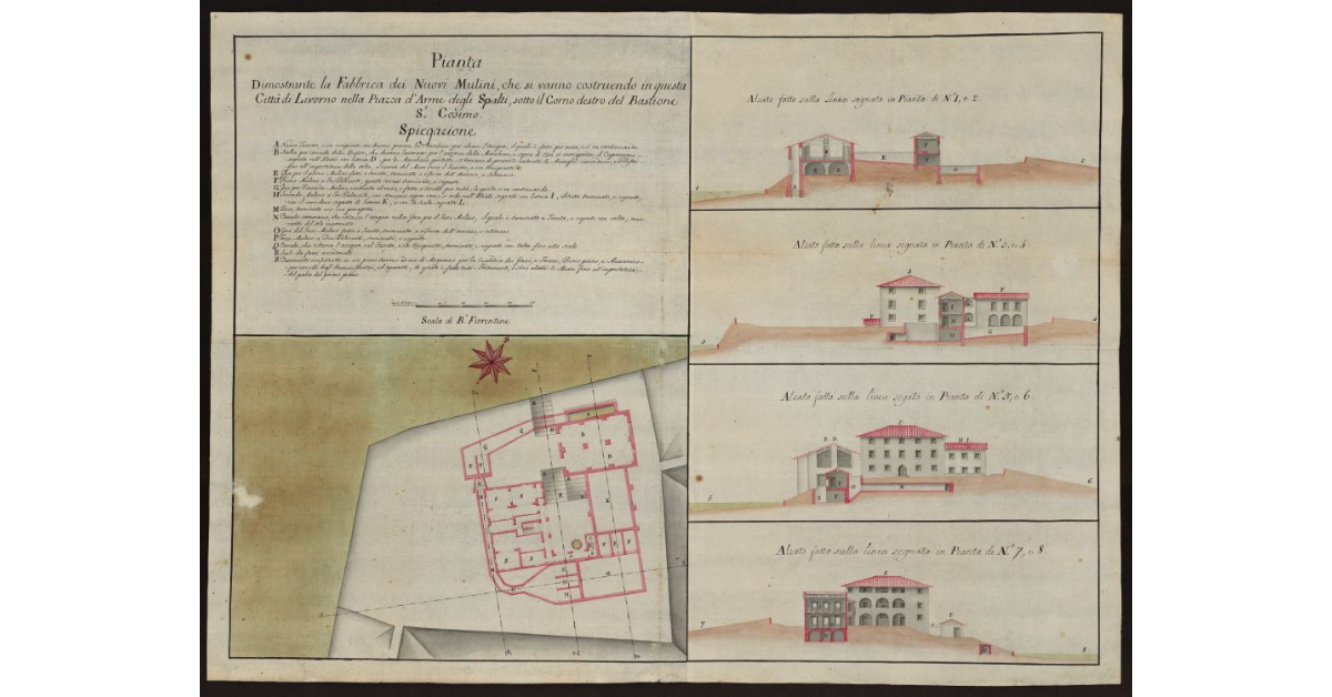 Pianta dimostrante la fabbrica dei nuovi Mulini che si vanno costruendo in questa Città di Livorno nella piazza d'Arme, sotto il corno destro del Bastione S. Cosimo