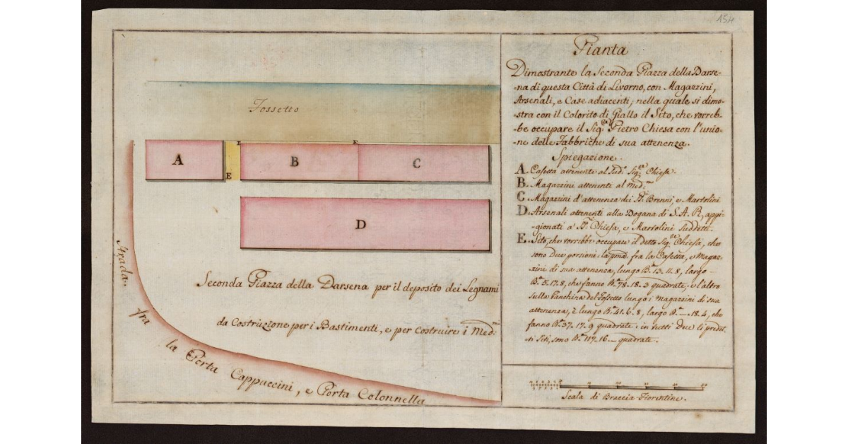 Pianta dimostrante la seconda piazza della darsena di questa città di Livorno, con magazzini, arsenali e case adiacenti, nella quale si dimostra con il colorito di giallo il sito che vorrebbe occupare il Sig. Pietro Chiesa con l'unione delle fabbriche di sua attenenza