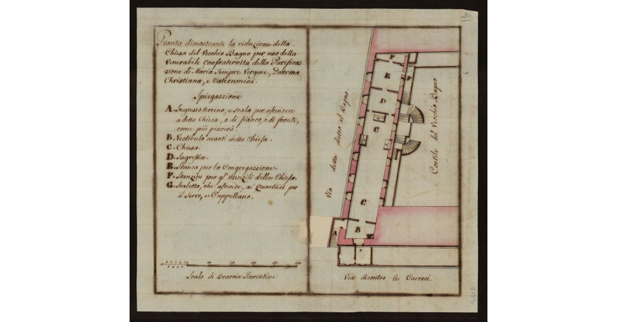 Pianta dimostrante la riduzione della chiesa del vecchio Bagno per uso della venerabile Confraternita della Purificazione di Maria Sempre Vergine [a Livorno]