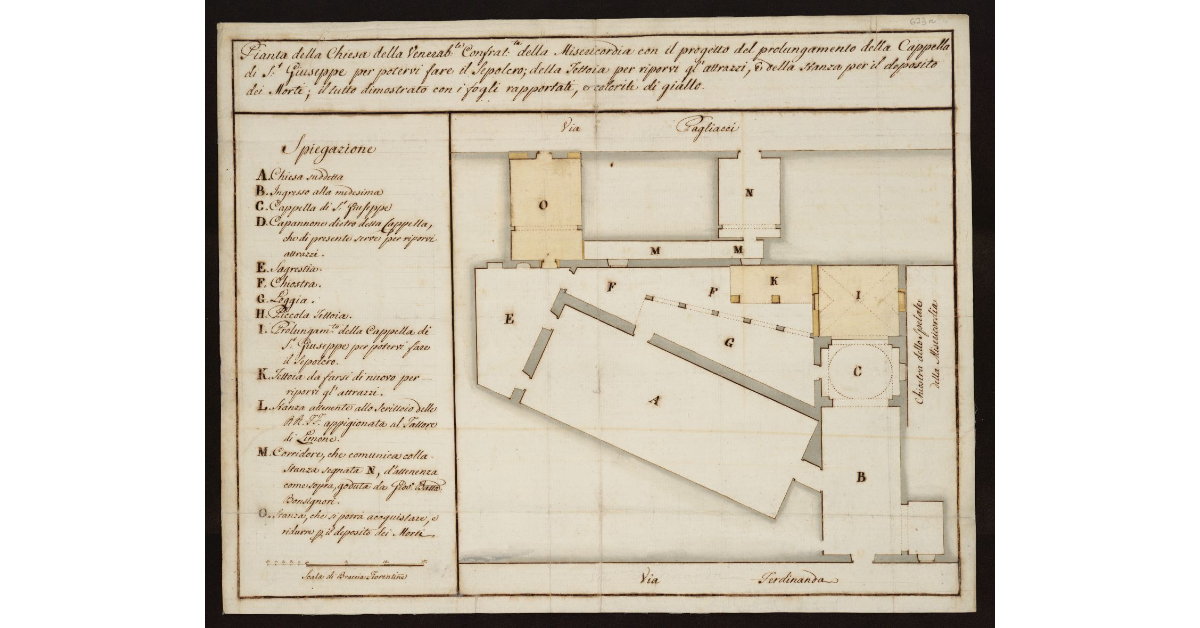 Pianta della chiesa della venerabile Confraternita della Misericordia con il progetto del prolungamento della Cappella di San Giuseppe [a Livorno]