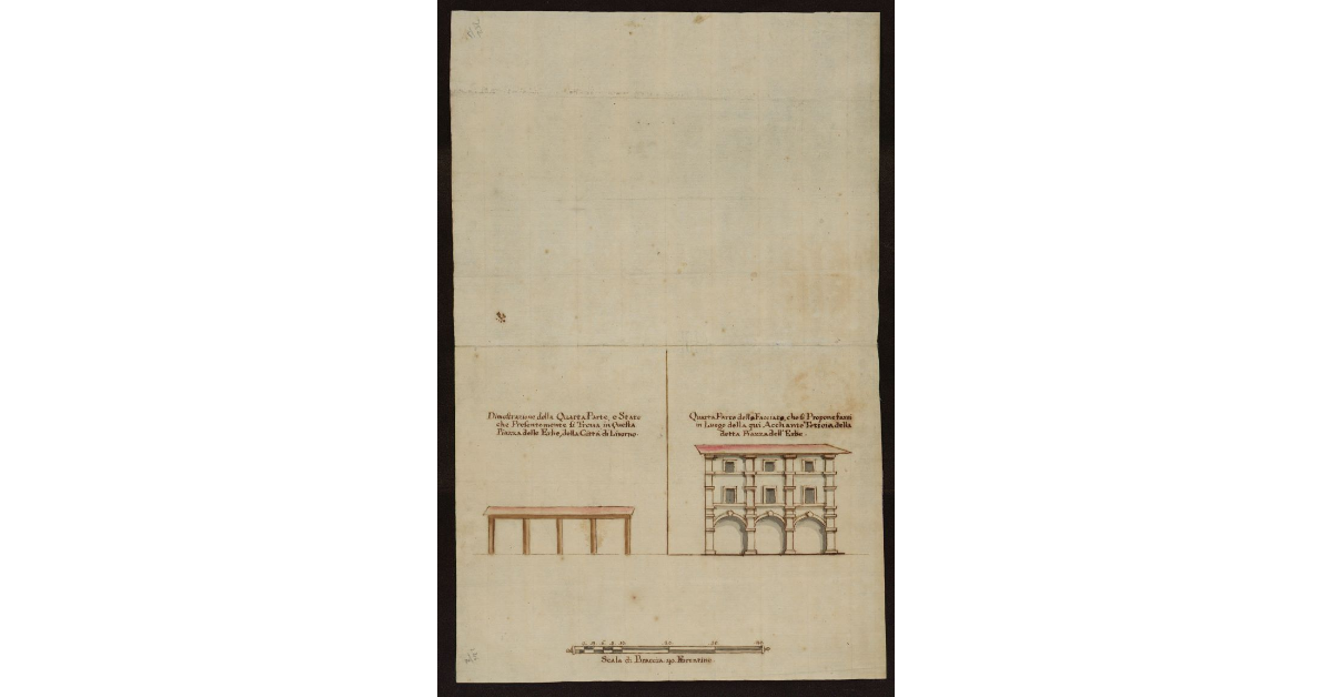 [Alzati della tettoia esistente e del palazzo di nuovo per il mercato nella piazza delle Erbe di Livorno]