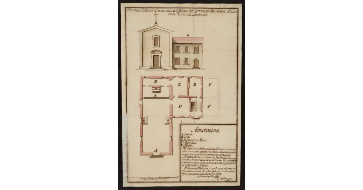 Pianta ed alzato d'una nuova chiesa con canonica da servire di cura nel piano di Livorno