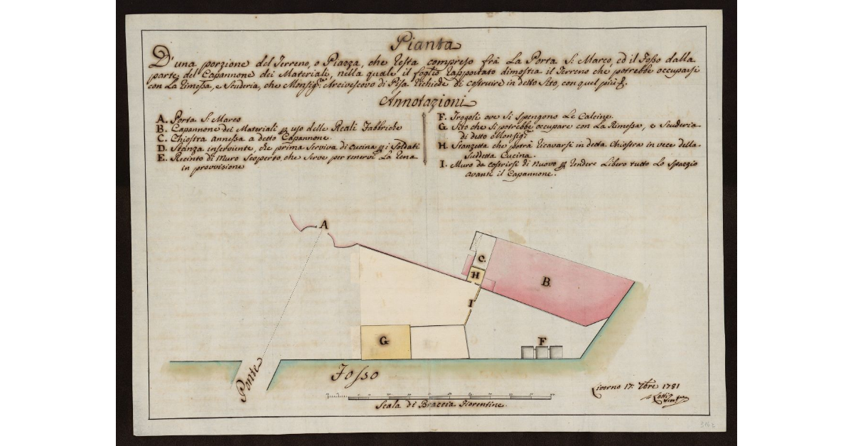 Pianta di una porzione del terreno e piazza, che resta compreso fra la Porta S. Marco ed il fosso dalla parte del Capannone dei Materiali [a Livorno]