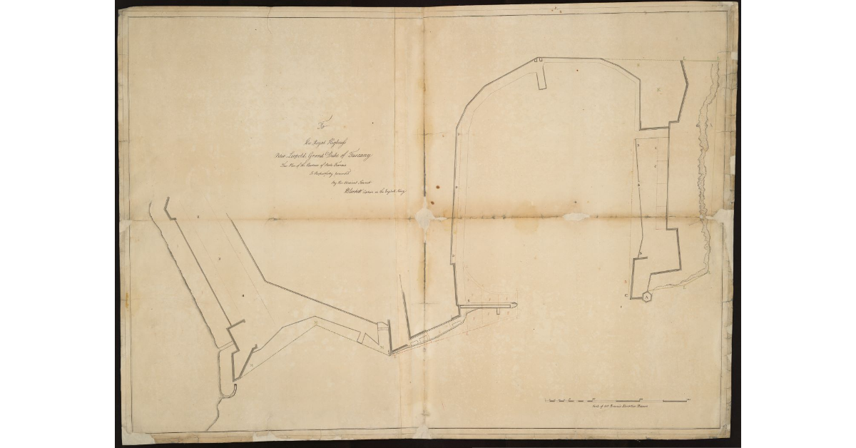 To his Royal Highness, Peter Leopold, Grand Duke of Tuscany, this plan of the harbour of Porto Ferraio. By the Obedient Serviant, Blankett, capitain in the English Navy