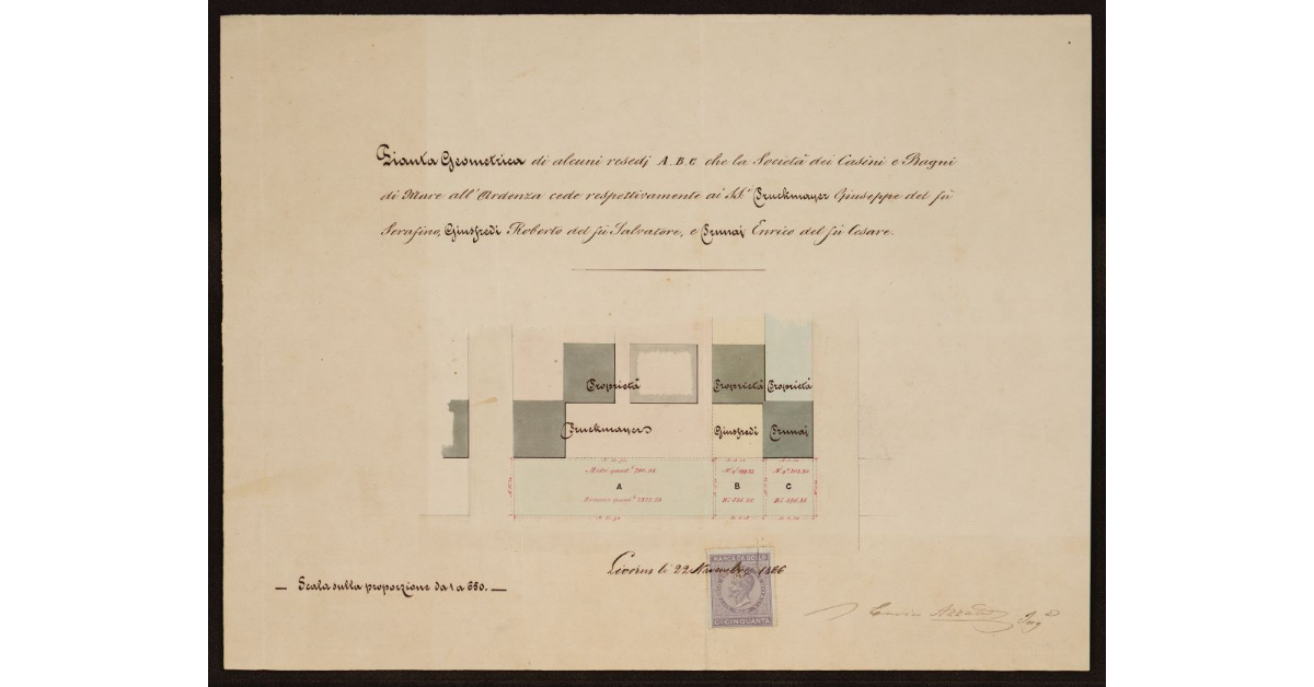 Pianta geometrica di alcuni resedi A, B, C che la Società dei Casini e Bagni di Mare all'Ardenza cede rispettivamente ai Sig. Prusmayer Giuseppe, Giusfredi Roberto del fu Salvatore e Prunaj Enrico del fu Cesare