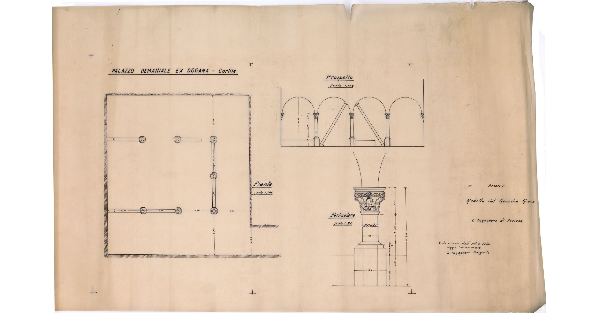 [Palazzo demaniale dell'ex Dogana: pianta, prospetto e particolare delle colonne]