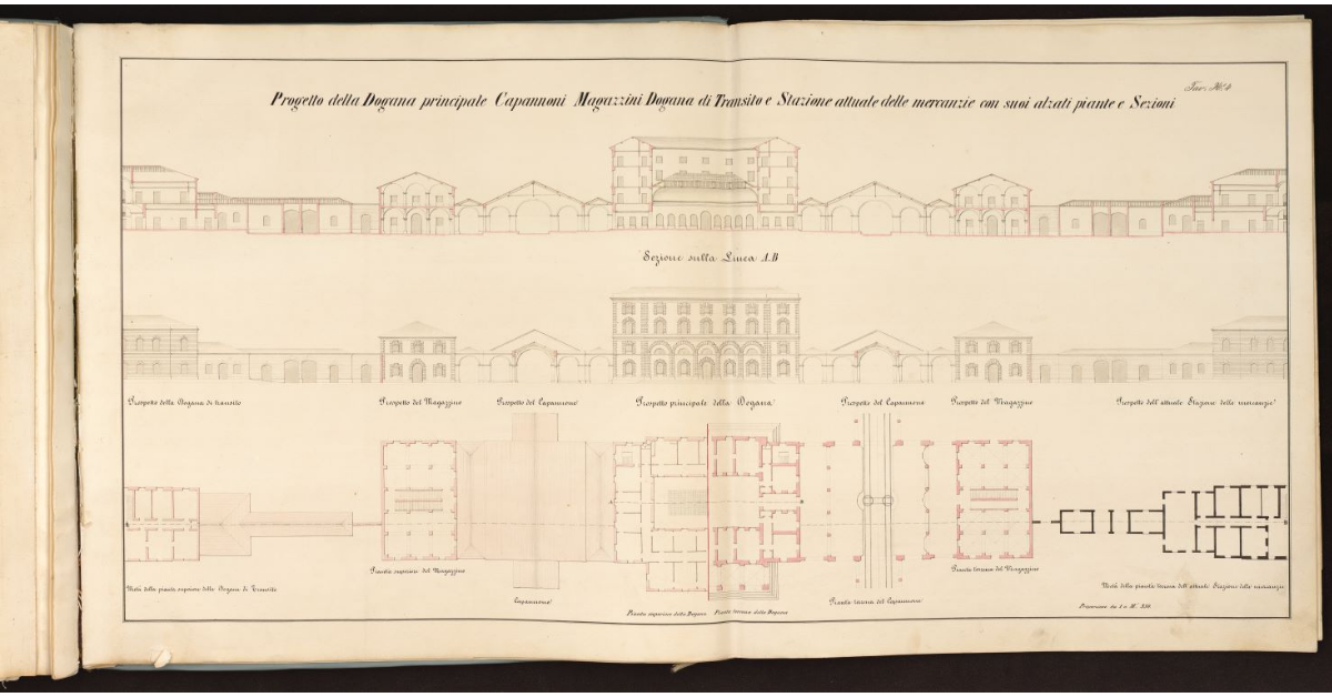Progetto della Dogana Principale, Capannoni, Magazzini, Dogana di Transito e Stazione attuale delle mercanzie con suoi alzati, piante e sezioni [nel Porto di Livorno]