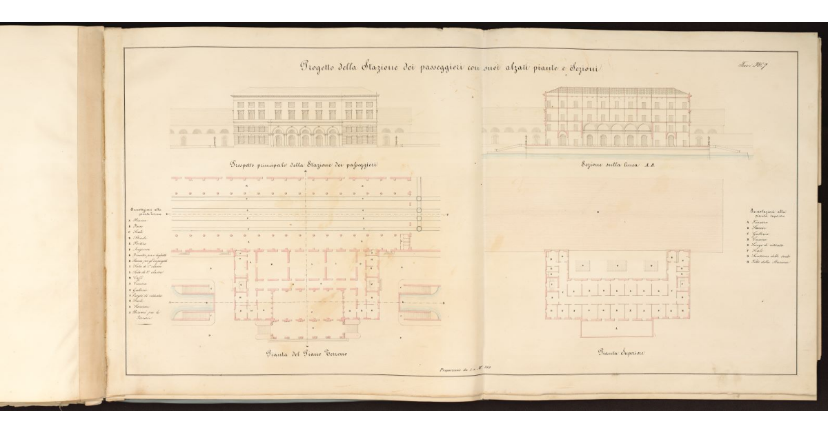 Progetto della Stazione dei passeggieri con suoi alzati, piante e sezioni [nel Porto di Livorno]