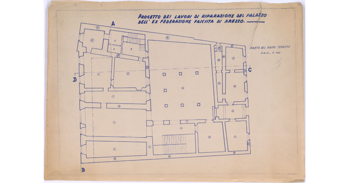Progetto dei lavori di riparazione del Palazzo dell'ex Federazione Fascista di Arezzo. Pianta del piano terreno