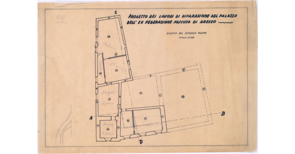 Progetto dei lavori di riparazione del Palazzo dell'ex Federazione Fascista di Arezzo. Pianta del secondo piano