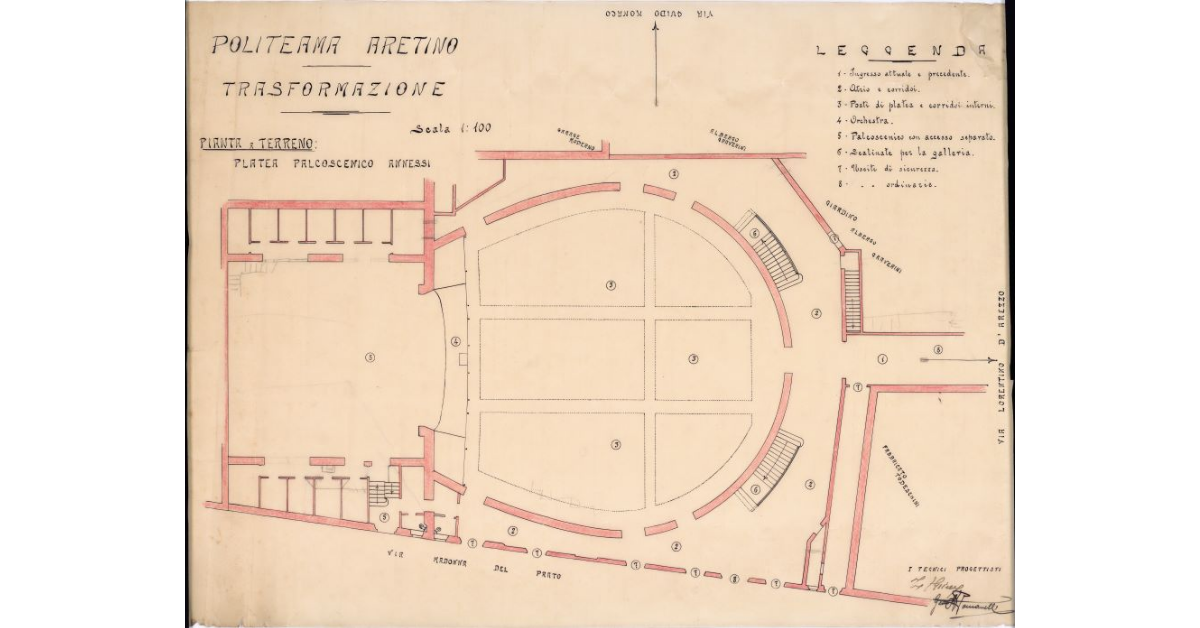 [Politeama aretino. Pianta del piano terreno, palcoscenico ed annessi]