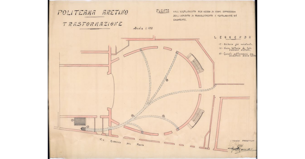 [Politeama aretino. Pianta con l’ampliamento, per mezzo di nuovi apparecchi, dell’impianto di riscaldamento a ventilazione già esistente]