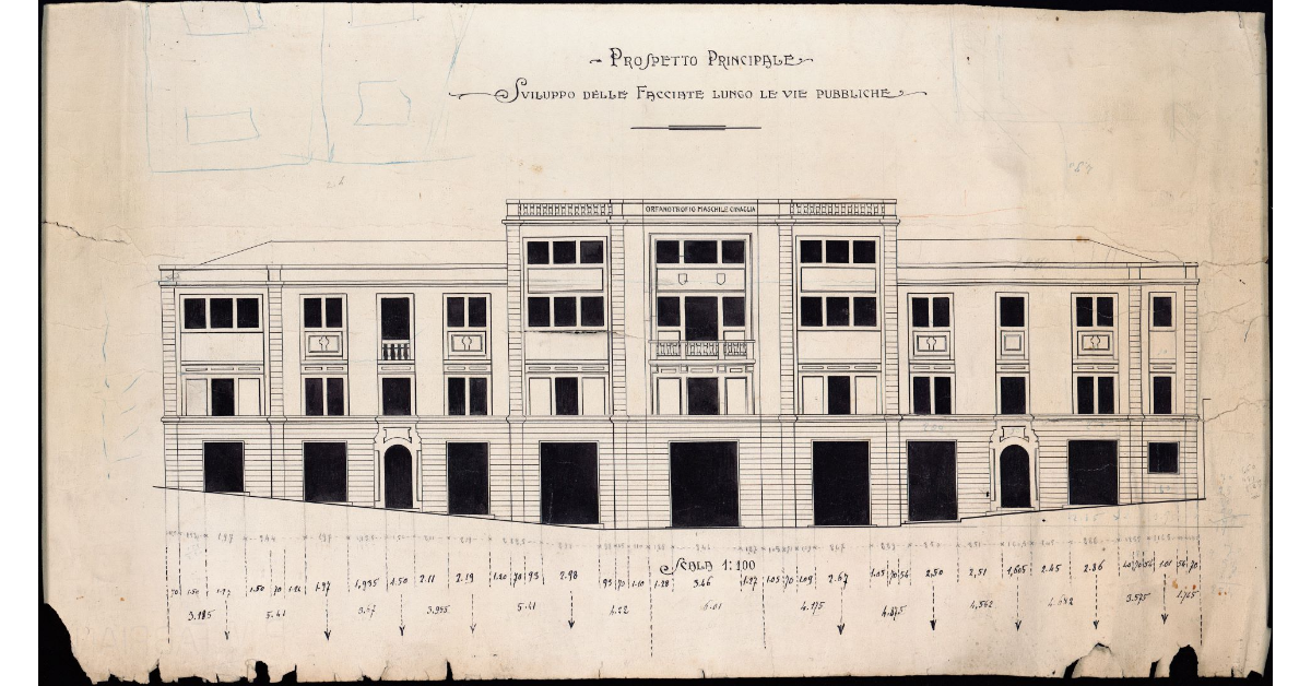 Prospetto principale. Sviluppo delle facciate lungo le vie pubbliche