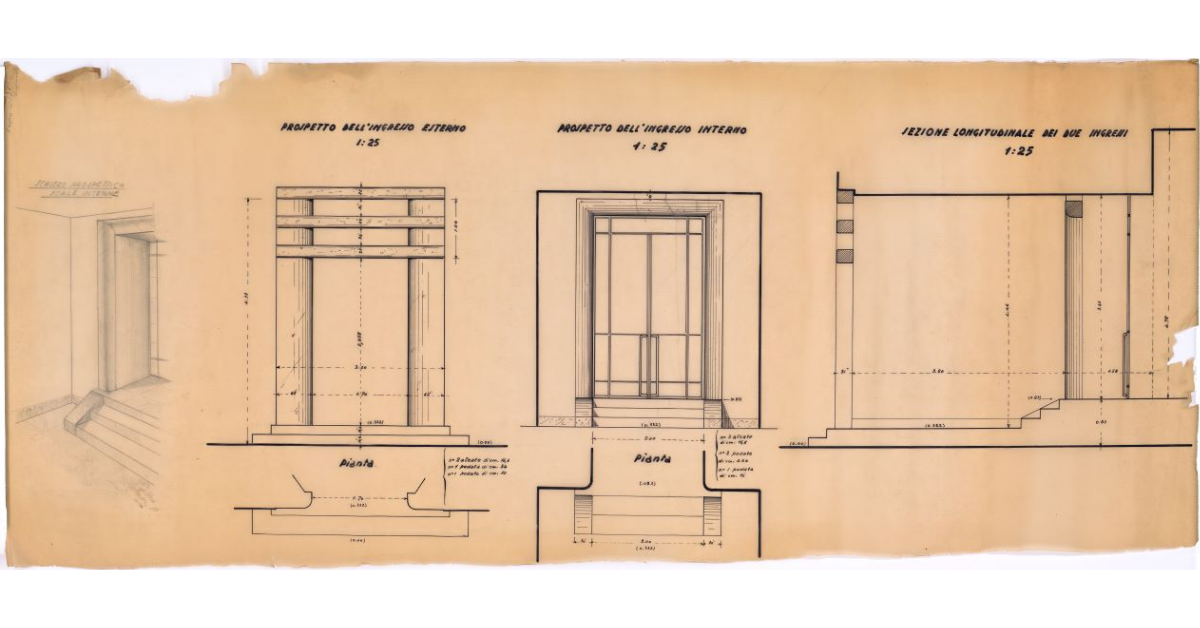[Pianta e prospetto degli ingressi interno ed esterno, sezione longitudinale dei due ingressi e schizzo prospettico delle scale interne]