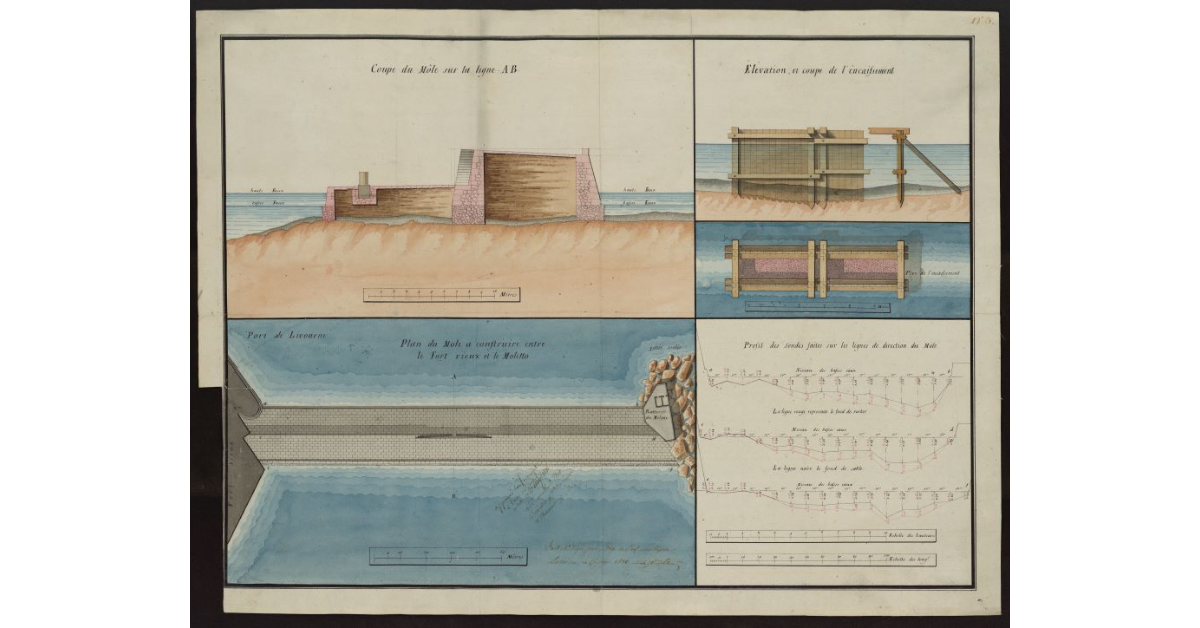 [Profili, sezioni e piante del nuovo molo da costruire nel porto di Livorno]