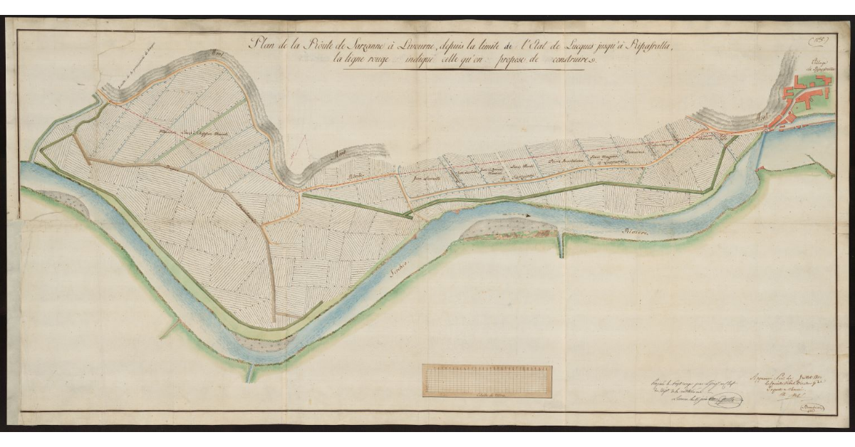 Plan de la route de Sarzanné à Livourne, depuis la limite de l'Etat de Lucques jusqu'à Ripafratta