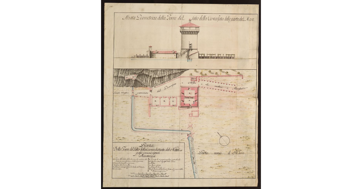 Pianta [e alzato] della torre del Salto della Cerva distante dal mare passi comuni 3970 1/3 [nel Pietrasantino]