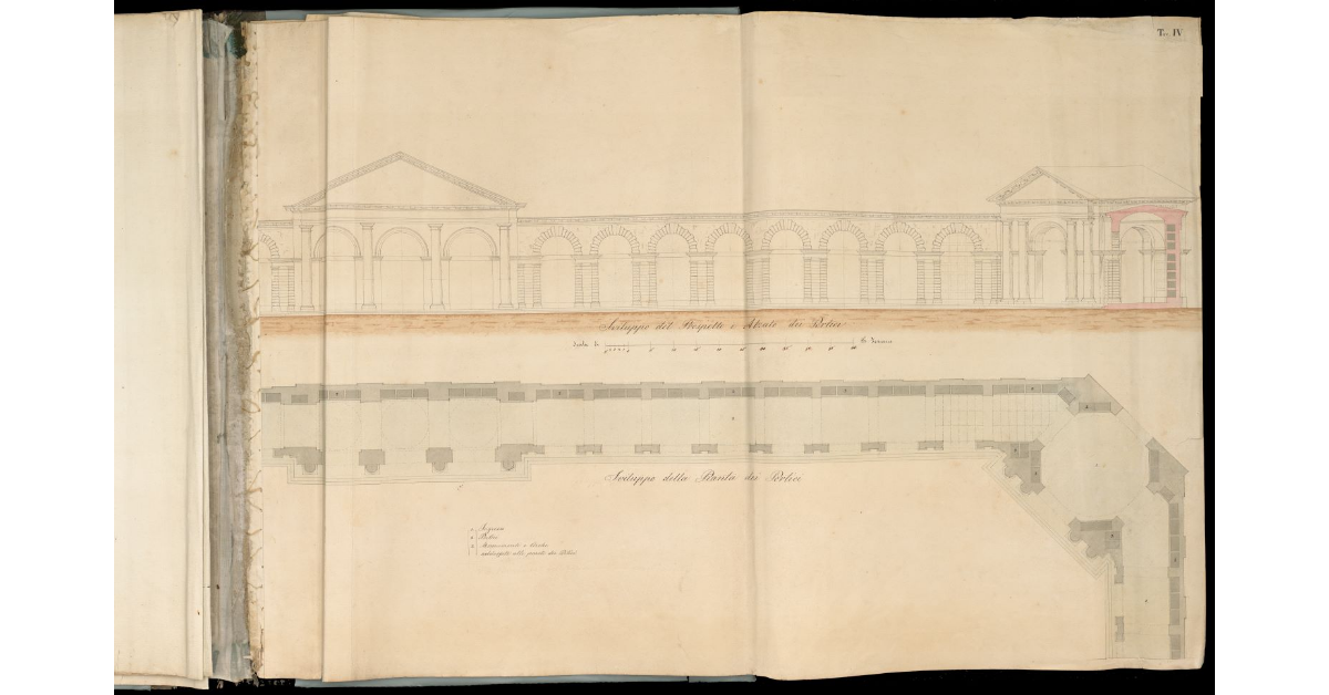[Pianta e prospetti di portici del Cimitero a Livorno]