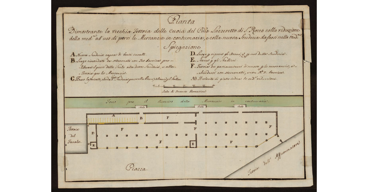 Pianta dimostrante la vecchia Tettoia delle Cuoia del Lazzaretto di San Rocco con la riduzione della medesima all'uso di porvi le mercanzie in contumacia e colla nuova scuderia da farsi nella medesima [a Livorno]