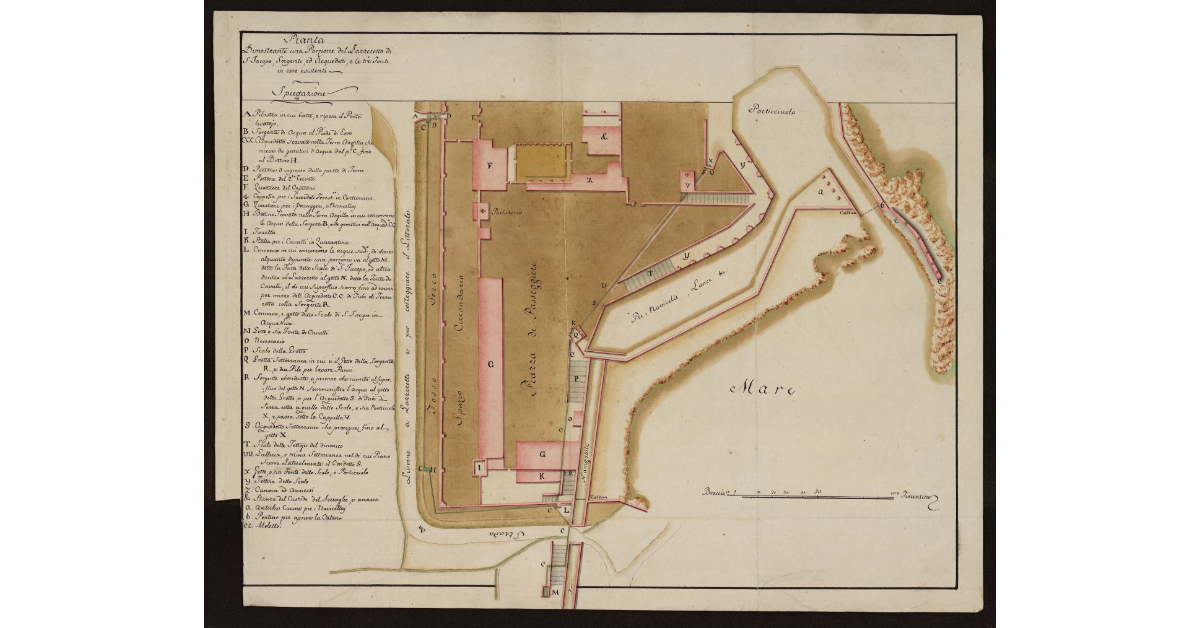 Pianta dimostrante una porzione del Lazzaretto di San Jacopo, sorgenti ed acquedotti, e le tre fonti in esso esistenti [a Livorno]
