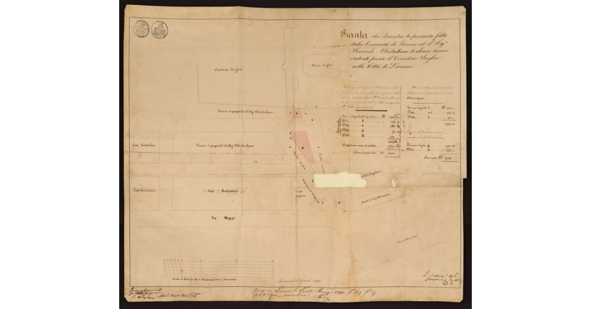 Pianta che dimostra la permuta fatta dalla Comunità di Livorno ed il sig. Samuele Abudarham di alcuni terreni esistenti presso il Cimiterio Inglese nella città di Livorno