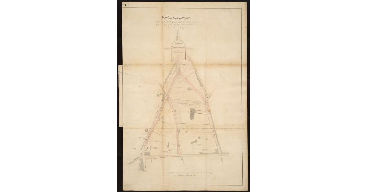 Pianta geometrica che dimostra le rettificazioni proposte alla via vecchia di Montenero, a quella detta del Fanale e alla strada dietro il Bosco dei Cappuccini [a Livorno]