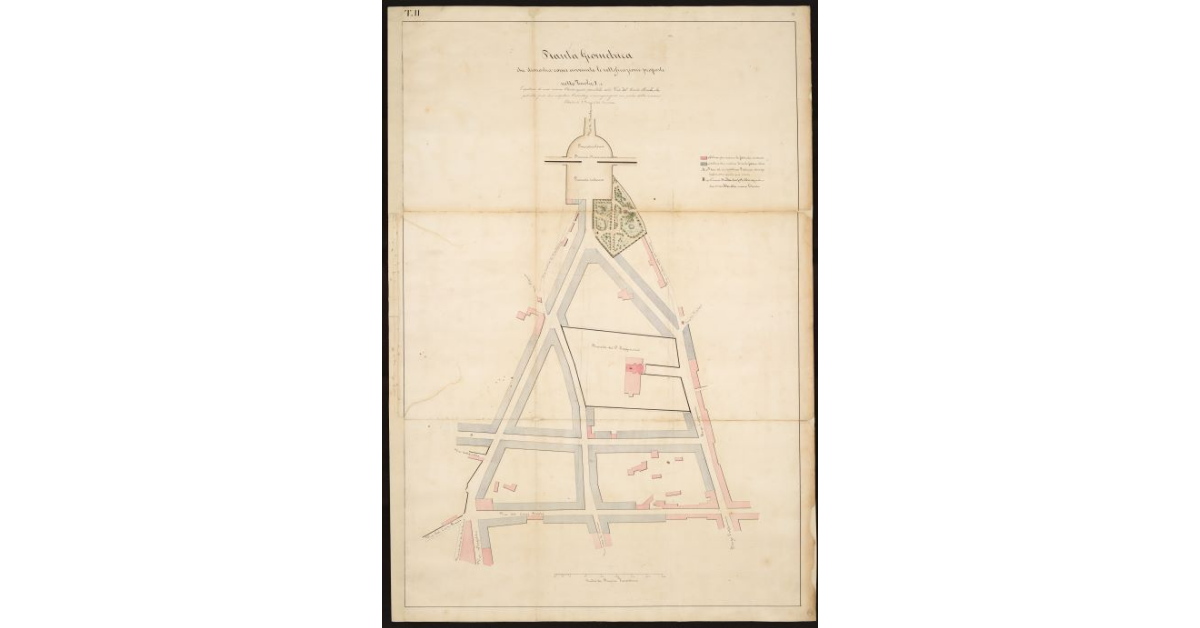 Pianta geometrica che dimostra come avvenute le rettificazioni proposte nella tavola I e l'apertura di una nuova strada quasi parallela alla via del Corso reale [a Livorno]